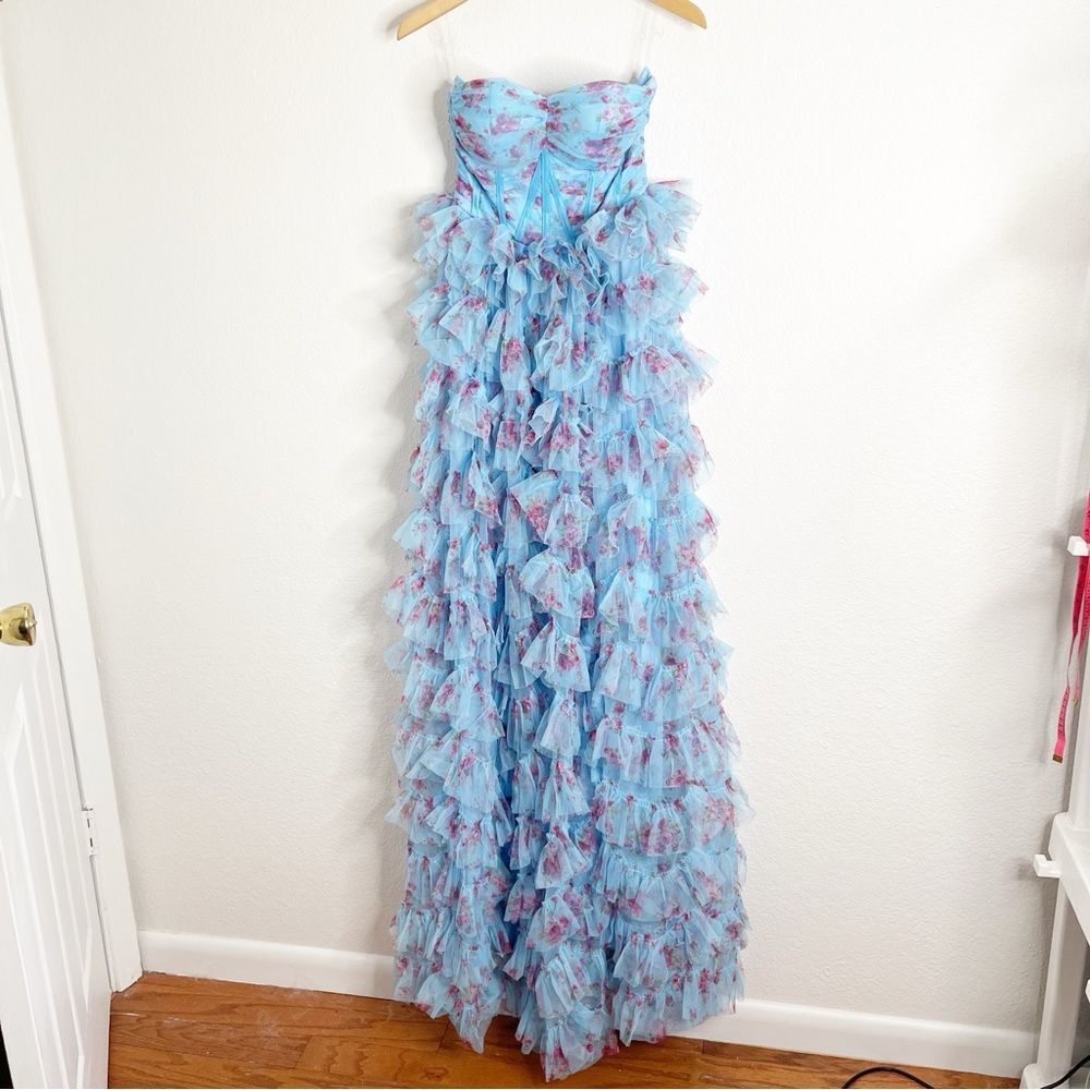 Faereisty Dress Strapless Tulle Blue & Pink Floral Ruffle Layered Evening Gown - Picture 2 of 6